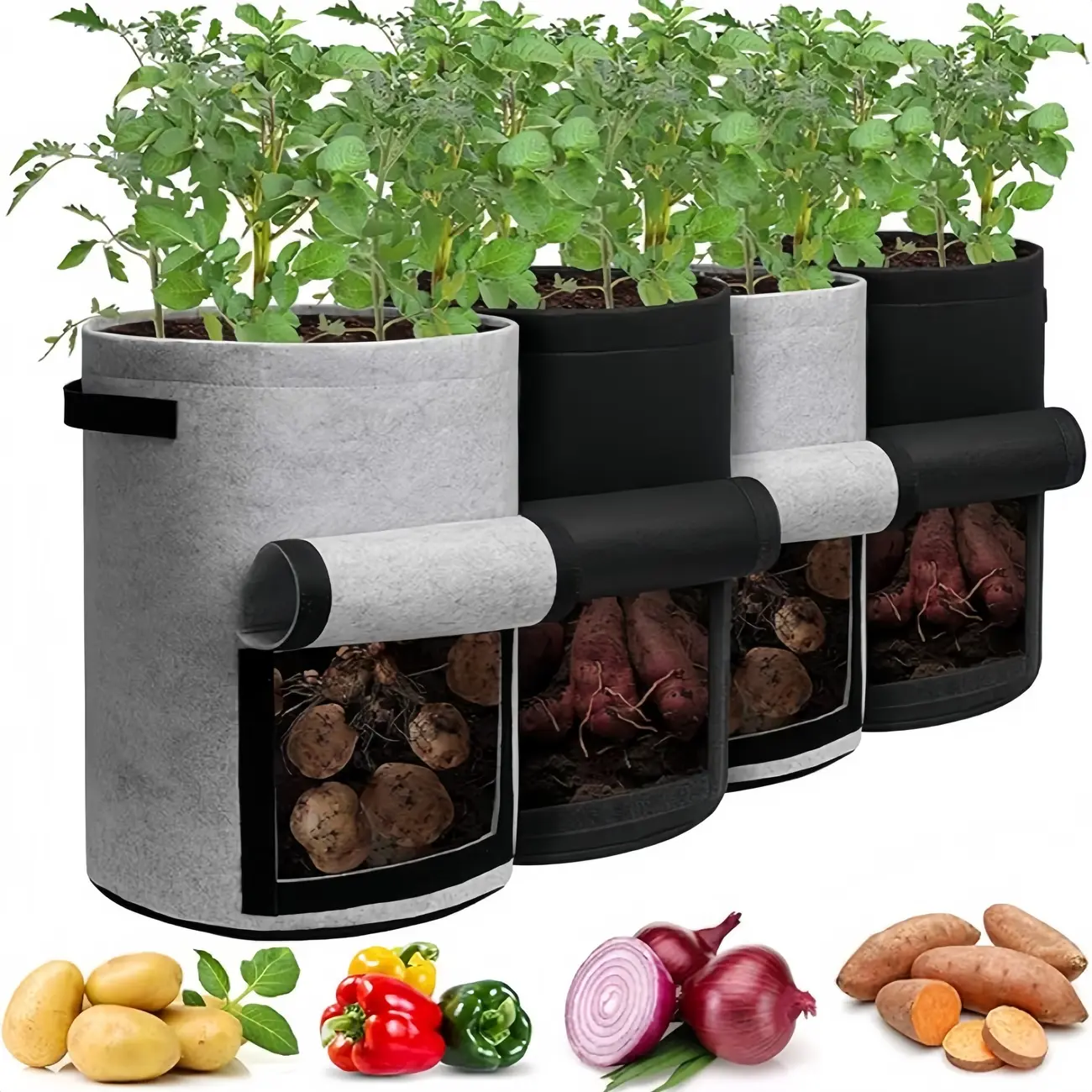 4 Pack 10 Gallon Potato Grow Bags, Collapsible, Breathable, Non-Woven Fabric Vegetable Planter Pots – Easy Moving Gardening Pots with Reinforced Handles And Harvest Flap (2 Gray, 2 Black)