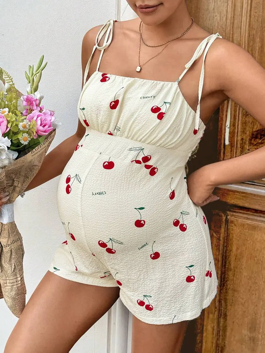 DANLIEN Maternity Cherry Jumpsuit Comfortable Summer Pregnant Clothes