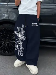 Men's Casual Long Pants, Drawstring Waist Straight Leg, Angel Print, Comfortable Daily Wear, All Seasons, Sporty & Leisure Style, Casual Streetwear Trousers