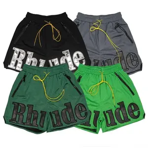 Men's summer drawstring mesh embroidered breathable quick-drying beach shorts, casual sports basketball five-point shorts, with zipper pockets