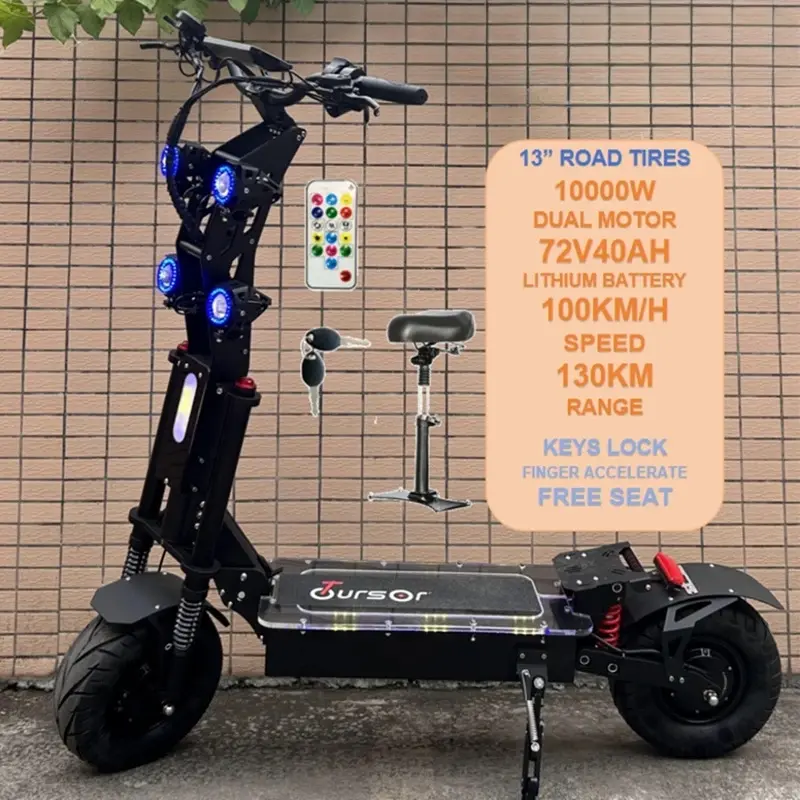 13" High-Power Foldable Dual Motor Electric Commuter Scooter for Adults, 10000W Eco Turbo, 72V/60V 72V 40Ah Lithium Battery, 100KM/H Speed, 130KM Range, Oil Braking System, Keys Lock with Throttle Accelerate, Free Seat, Vacuum Tires, 12 Months Support, Du