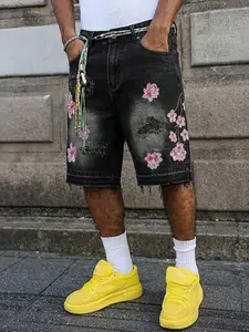 Vintage Washed Cherry Blossom Embroidered Fashion Casual Denim Jeans, Streetwear Loose Fit Straight Leg Five-Quarter Floral Shorts, Trendy Fashion Bottoms