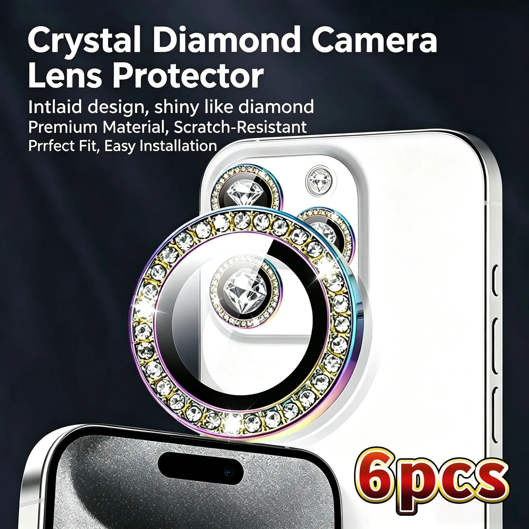 6-Pack Crystal Diamond Camera Lens Protector, 9h Hardness Tempered Glass, Scratch-Resistant, HD Clear, for iPhone Models, Multiple Colors