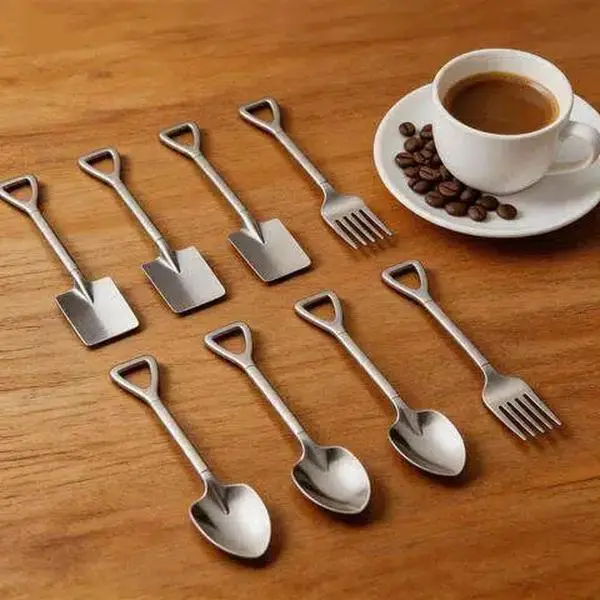 8-Piece Stylish Shovel-Shaped Stainless Steel Cutlery Set - Square Triangular Hanging Handle Spoons & Forks, Durable, Easy to Store, Ideal for Kids, Special Meals & Gifting (Kitchen Tableware)