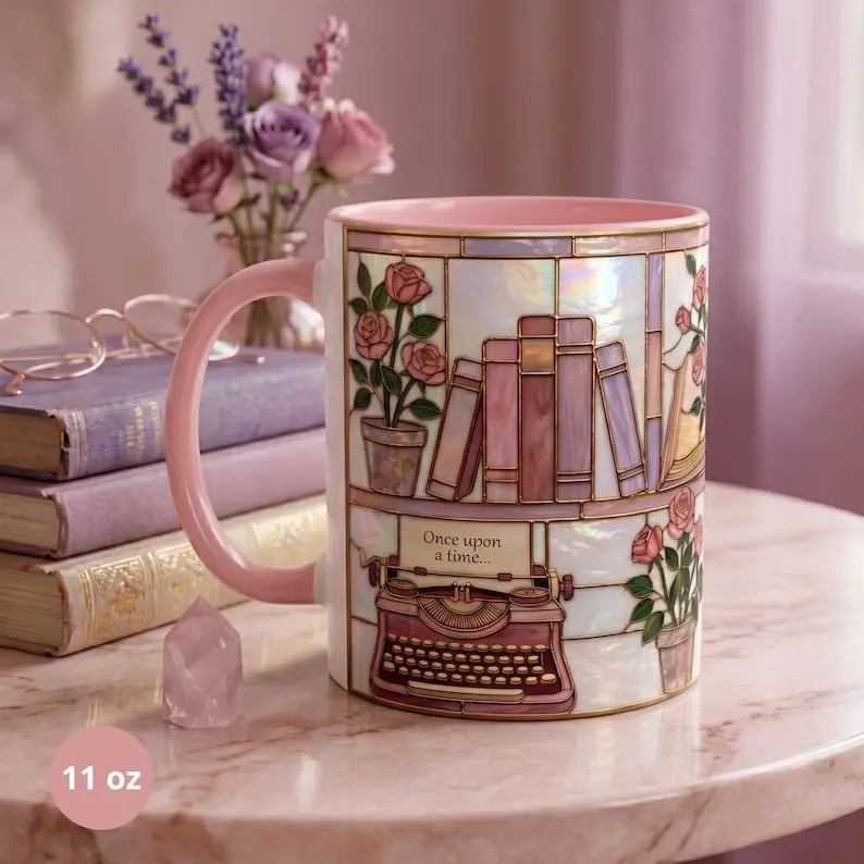 Faux Stained Glass Ceramic Mug with Handle (0-500 ml) - Library Motifs, Bibliophile Gift, Floral Library Aesthetic Drinkware for Book Lovers