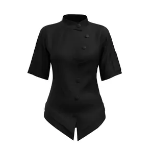 Black Currant Signature Short Sleeve Chef Coat with Zipper - Summer Wear, Plain Design, Peplum Style, Premium Stretch Fabric