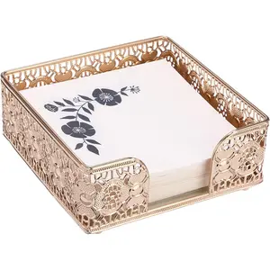 Luncheon Napkin Holder for Table, 7.3"x 7.3", Golden Elegant Napkin Holders, Cube Mirror  Tray, Flat Antique Napkin Dispenser for Kitchen, Countertop, Dining Table, Party, Bar