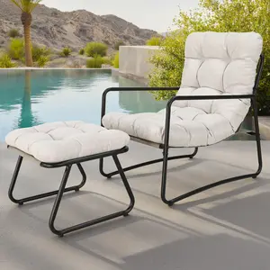 SEEHILL Patio Chair with Ottoman, Comfy Sling Lounge Chair with Puffy Cushion and Foot Stool,  Rust-resistant, Quick-Assembly Modern Patio Lounge Set, Lawn Set for Porch, Living Room, Balcony, Garden, Off White & Gray outdoorfun