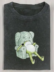 1 piece, 230g washed, frog sitting sofa printed T-shirt, high-quality batik cotton retro fashion brand T-shirt, a certain thickness is suitable for summer T-shirts, holiday gifts ,fathersdaygift