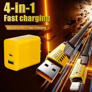1-Pack Portable Fast Charger, Type C/USB A Dual Ports Adapter,4 in 1 Fast Charging Cable & Data Sync, Flat Braided Charger Cord for iPhone 17/16/15/14/13/12Pro Max/iPad/Airpods/Samsung Series Phone Accessories