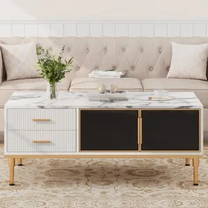 45.6" Modern Marble Coffee Table with Wave Pattern Drawers & Glass Doors – Faux Marble Top with Gold Metal Legs, Large Storage Center Table with Adjustable Legs for Living Room