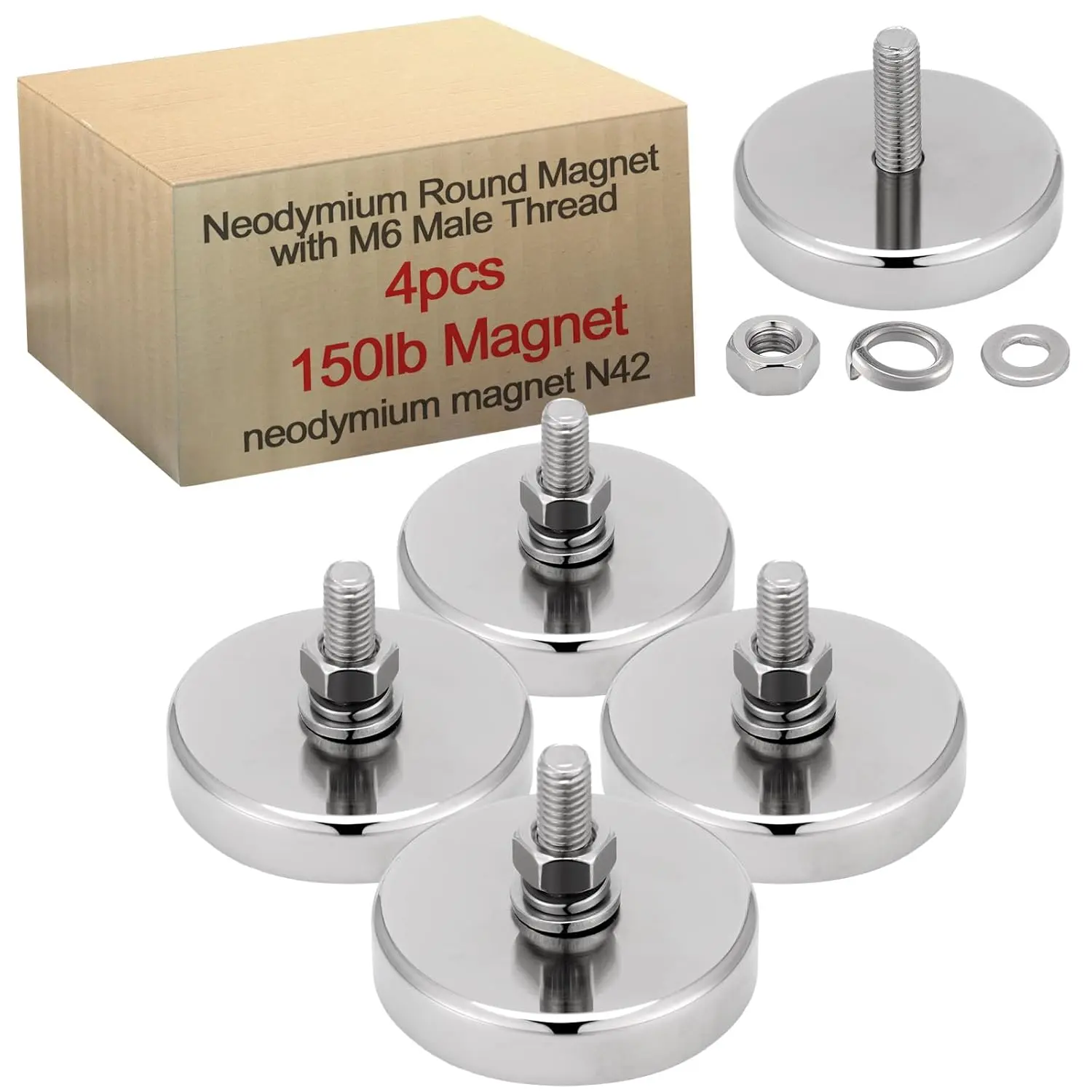 4-Pcs Heavy-Duty Neodymium Round Magnets with M6 Male Thread Bolts, 150lb Rare Earth Mounting Magnets for Lighting Brackets, License Plates, Steel Surfaces