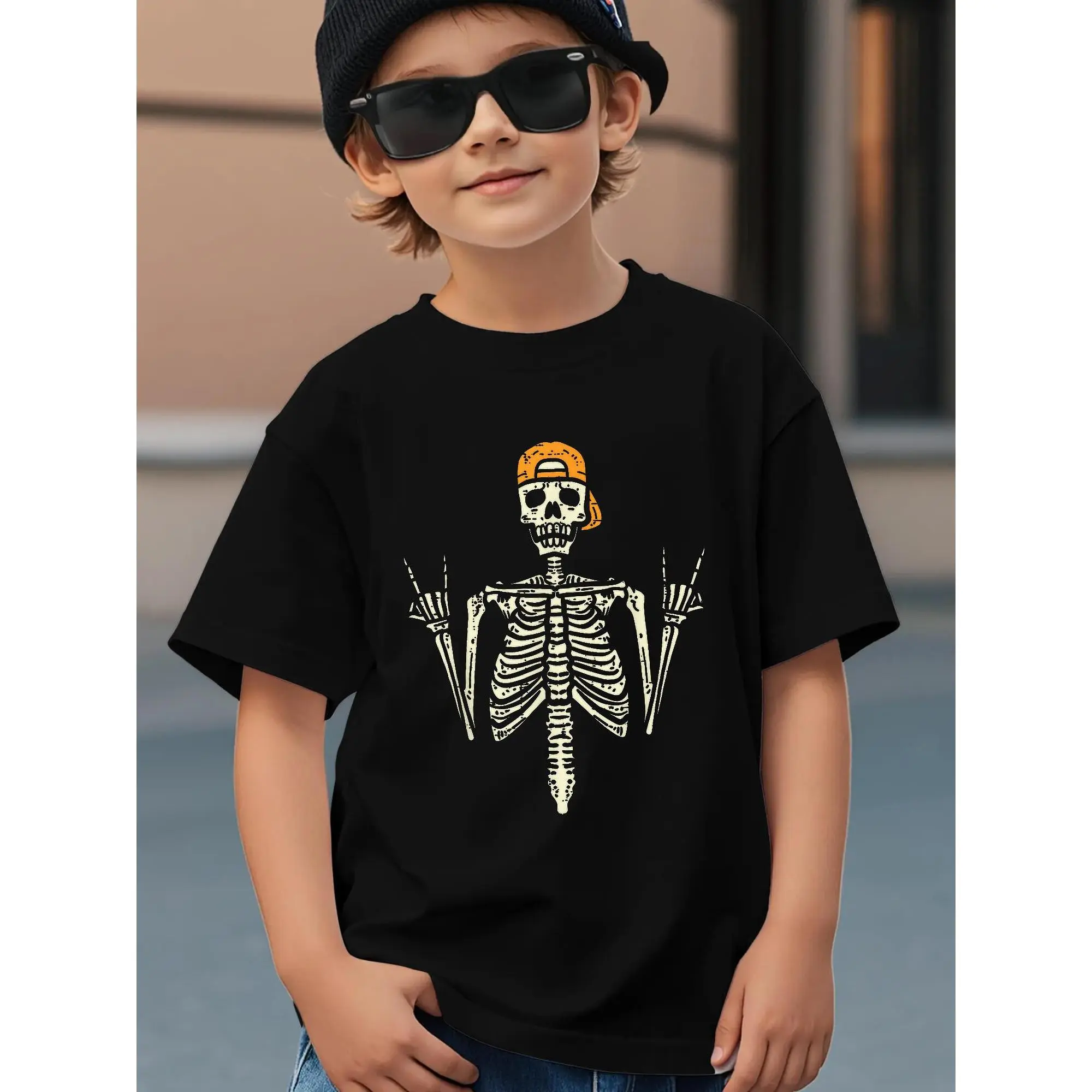 Boy punk rock skull pattern T-shirt - black with orange accents, short-sleeved round-neck casual top, suitable for Halloween and daily wear, machine washable, Halloween T-shirt