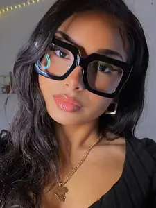 Women's Square Oversized Frame Glasses, Metal Hinge, Anti-Blue Light, Casual Fashion Eyewear for Office & Photography Use, Fashion Eyeglasses
