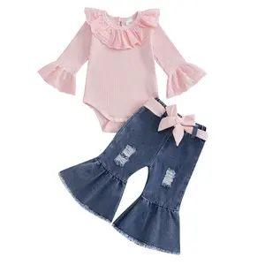 Infant Baby Girls Long Sleeve Lace Solid Romper Flare Denim Jeans Pants Newborn Cute 2Pcs Fall Outfits