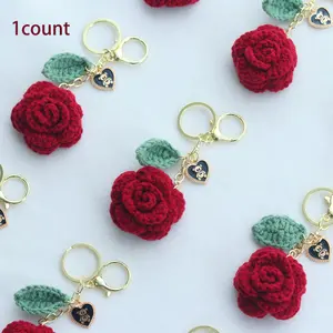 Handmade Crochet Rose Keychain, 1 Count Cute Bear Design Keychain, Crochet Flower Keychain, Floral Pattern Keychain, Party Gift for Women & Girls, Wedding Gift, Graduation Gift