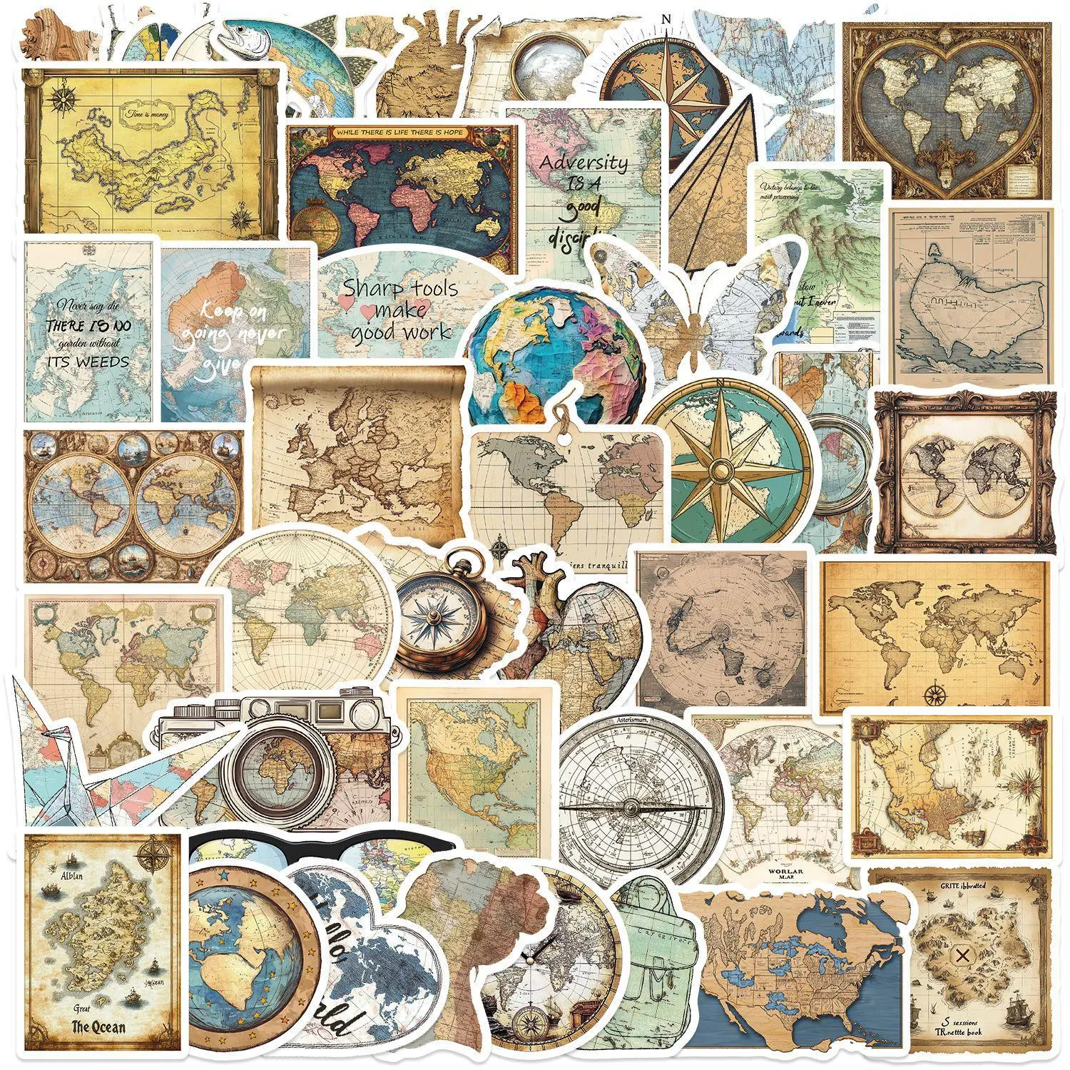 Vintage Map Series Sticker, Retro Map Pattern Decorative Sticker, DIY Decals for Scrapbooking, Journaling, Gift Wrapping