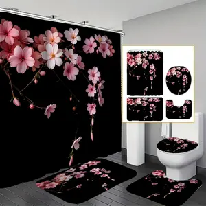Background Cherry Blossom Nature Elegant Shower Curtain Set, Waterproof Fabric, Includes 12 Hanging Hooks, Non-Slip Bathroom Mat, U-Shaped Toilet Seat Pad