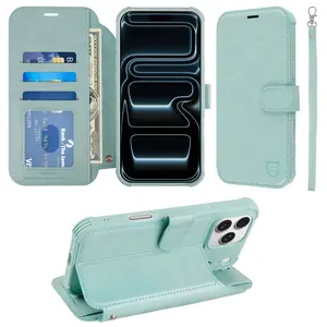 VANAVAGY iPhone 17/17 Pro/17 Pro Max/Air Wallet Case RFID Flip Leather Cover with Wrist Strap Wireless Charging Card Holder Glass Screen Protector Protective Casing