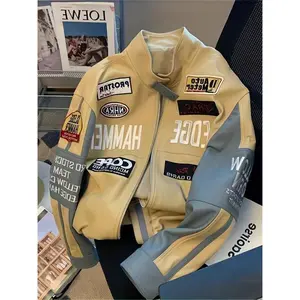 Autumn Embroidered PU Baseball Jacket for Men and Women High Street Retro Handsome Racing Suit Leather Men's Jacket Top Long Sleeve Casual