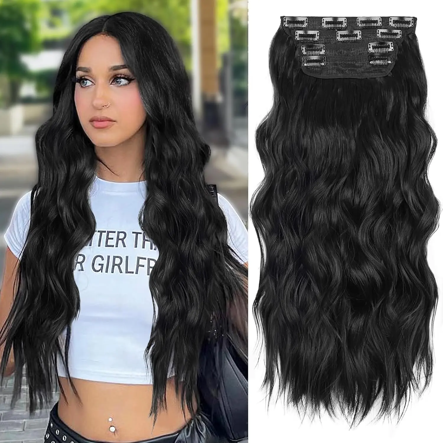 20 Inch Clip in Long Wavy Synthetic Hair Extension Black 4PCS Thick Hairpieces Fiber Double Weft Hair for Women