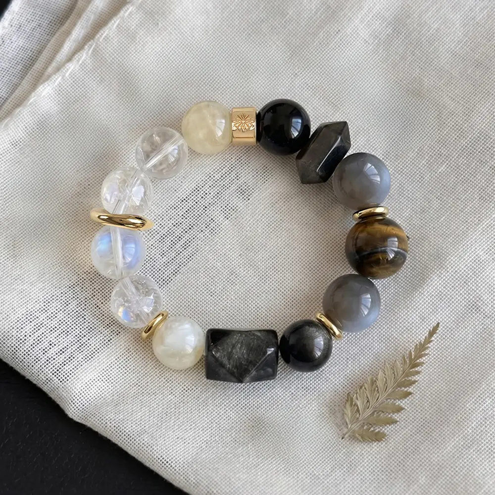 Smoky Dark Silver Obsidian Blue Moonstone Tiger Eye Yellow Quartz Clear Quartz Chunky Bead Grounding Protection Jewelry For Men and Women