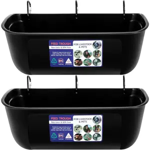 2-Pack 9 Quart Large Feed Trough – Hanging or Screw-In Fence Feeder – Heavy Duty Plastic Bucket for Goat, Horse, Hog, Sheep, Livestock & Poultry – Black