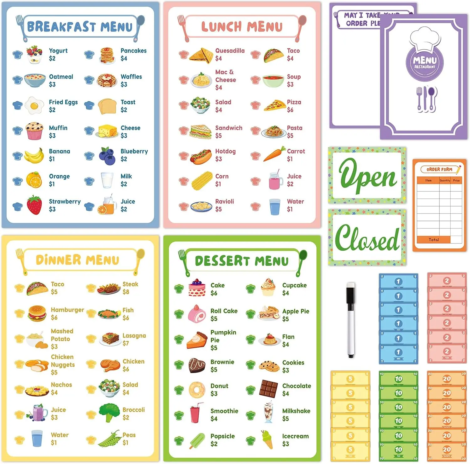 Pretend Play Restaurant Menus Notepads Set for Kids Included Kitchen Food Pretend Menus Open/Close Sign Play Money Erasable Pen for Toddlers Role Plays Game Accessories Birthday Gifts Supplies