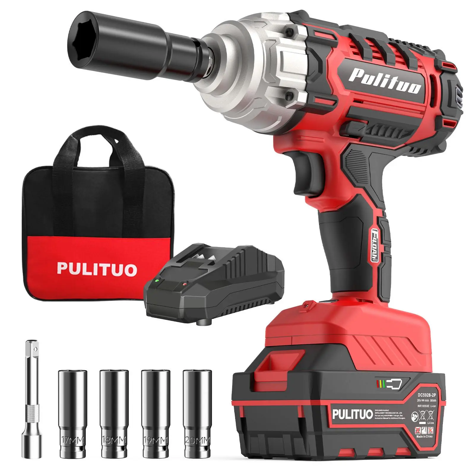 PULITUO 20V Cordless Impact Wrench Power Tools - 1/2 in, 350 Ft-lbs High Torque, 4.0Ah Battery, 1-Hour Fast Charger, LED Light, 4 Impact Sockets, Tool Bag, Drill Bits, Heavy Duty Industrial Kit Impact Drill Driver Tool Box