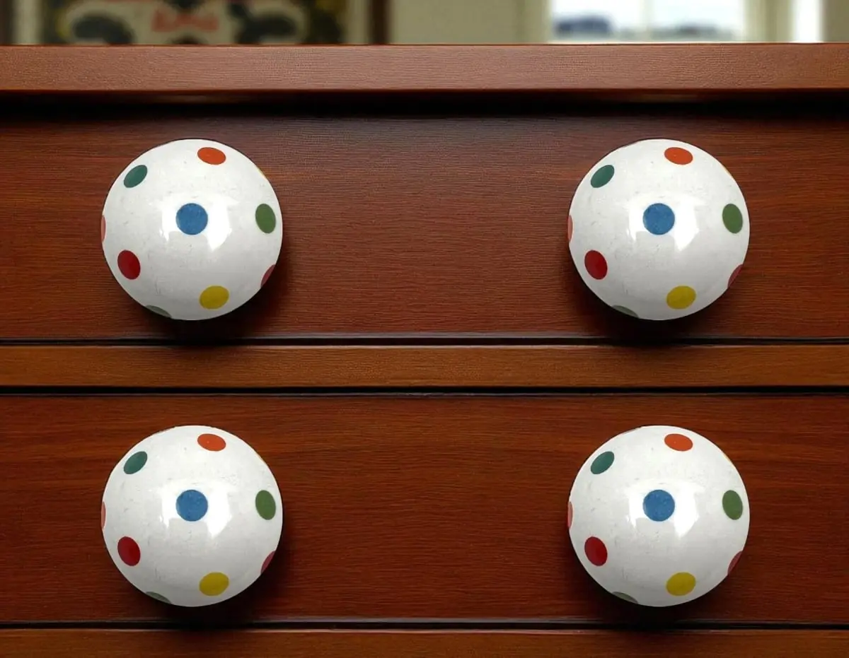 360 Stand Round Ball Ceramic Drawer Pull Knobs - Set of 6, Off White with Blue, Red & Green Hand-Painted Polka Dots, Ceramics, Includes Screws, Playful, Round Ball Shape