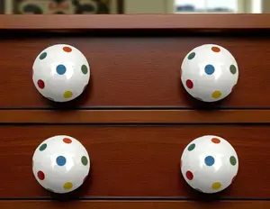 360 Stand Round Ball Ceramic Drawer Pull Knobs - Set of 6, Off White with Blue, Red & Green Hand-Painted Polka Dots, Ceramics, Includes Screws