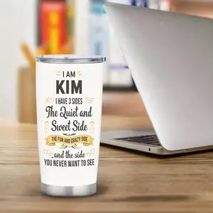 One 20-Ounce Tumbler in White, Featuring The Phrase 'I Am Kim' with Three Distinct Sides: The Calm and Gentle Side, The Playful and Wild Side, and The Side You Wish To Avoid. This Printed Design Is Ideal for Daily Use, Outdoor Adventures, Travel