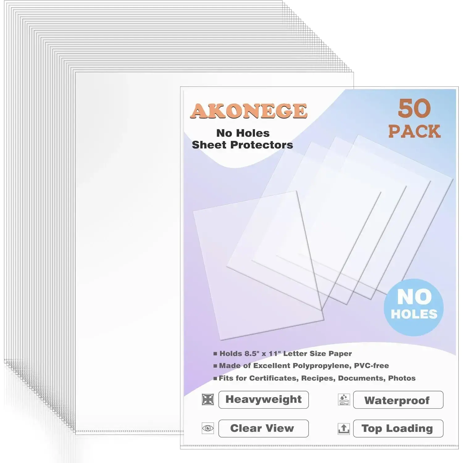 50 Pack No Holes Sheet Protectors 8.5 x 11 Inch Letter Size Page Protectors for Documents, Prints, Top Loading Heavyweight Clear View Plastic Sleeves for Papers, Artworks, Photos