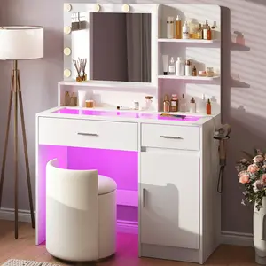 Modern White Makeup Vanity Desk with Glass Top, RGB Drawers, Dimmable LED Lights (Multiple Lighting Modes), USB Power Port, Power Outlet, Beauty Organizer for Women’s Bedroom, Indoor Home Furniture