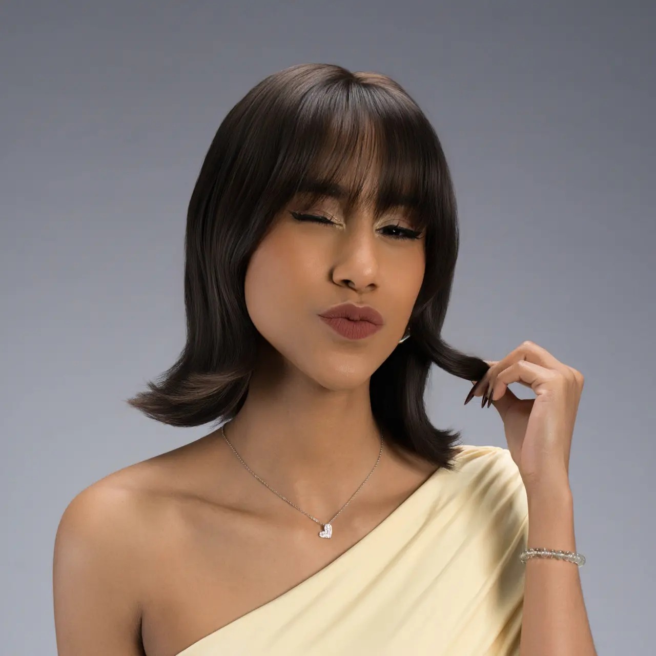 9.5-Inch Solid Espresso Brunette Brown (Super-subtle Warm Highlights) Straight w/ Flipped Ends Synthetic Wig | 【Heat Resistant】【Cap Included】 | 51FSGB