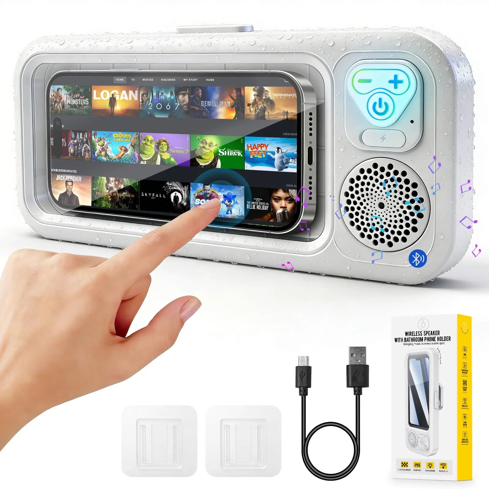Waterproof Shower Phone Holder with Bluetooth Speaker Ipx5 360 Rotatable Suction Cup Wall Mount Universal for All Smartphones