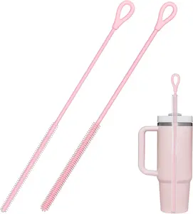 2 Pack Silicone Straw Cleaning Brushes, 6mm & 9mm Extra Long Reusable Flexible Tube Cleaners with Hanging Loop, for Glass Metal Smoothie Straws Hangable Hangable Plastic Steel Lightweight Lightweight Steel Plastic