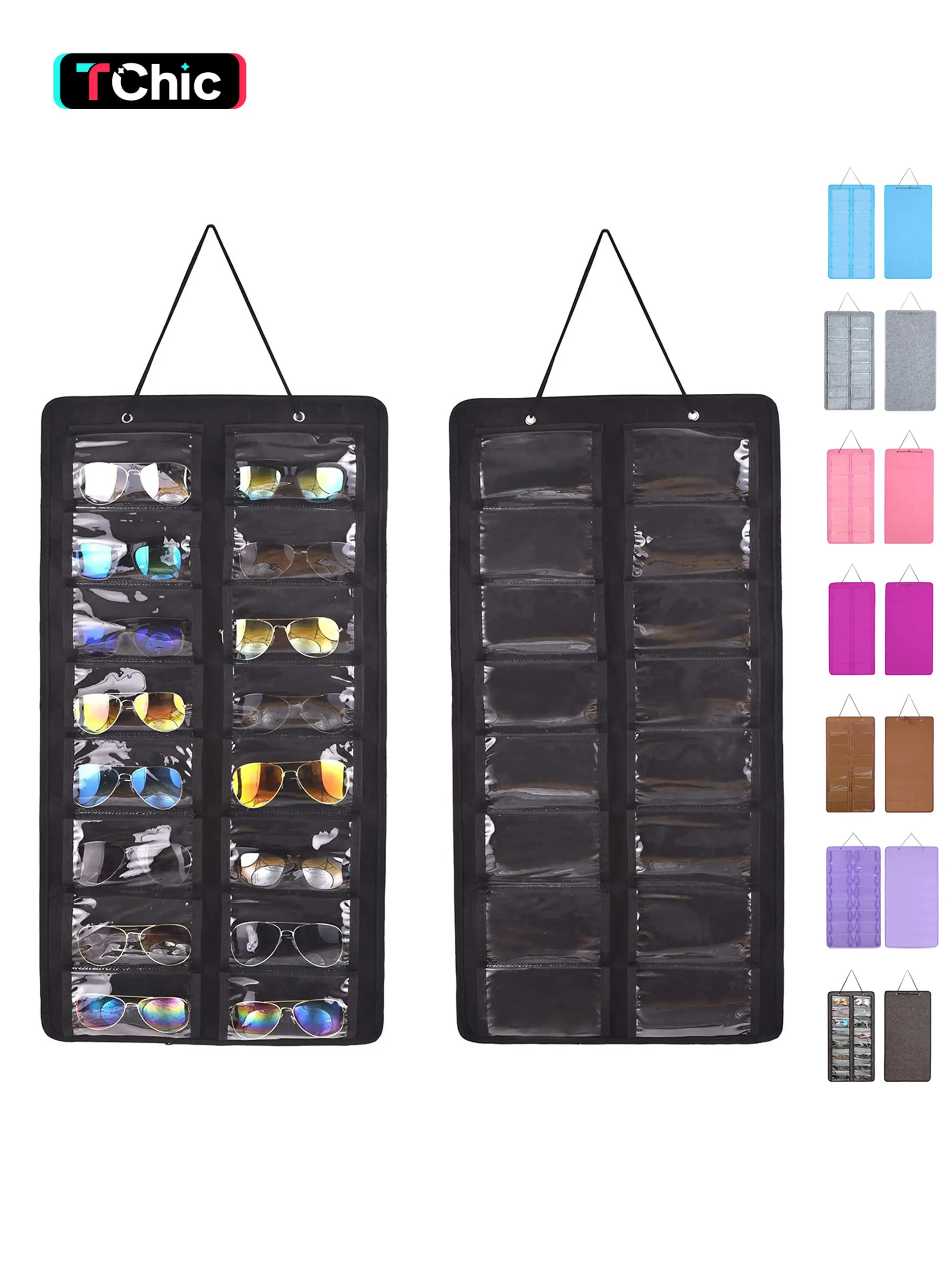 Sunglasses Organizer Storage, Hanging Dust Proof Wall Pocket Glasses Organizer - 16 Felt Slots Sunglass Organizers Holder with Metal Hook and Sturdy Rope, Eyewear Display