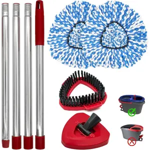 Spin Mop Handle,Mop Heads Replacements,Scrubber Mop Head and Mop Base Combo Set Compatible with RinseClean 2-Tank Spin Mop,Mop Replace Head and Scrub Brush Set for Multi-Surface Hard Floor