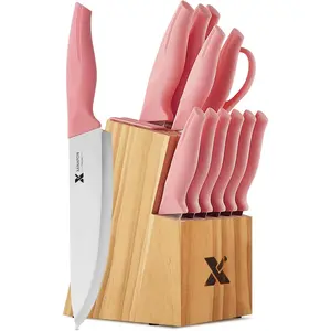 Carbon Stainless Steel Sharp Chef Knives Built in Sharpener Ergonomic Handles Professional Cutlery for Home Cooking Gifts Pink Knife Set for