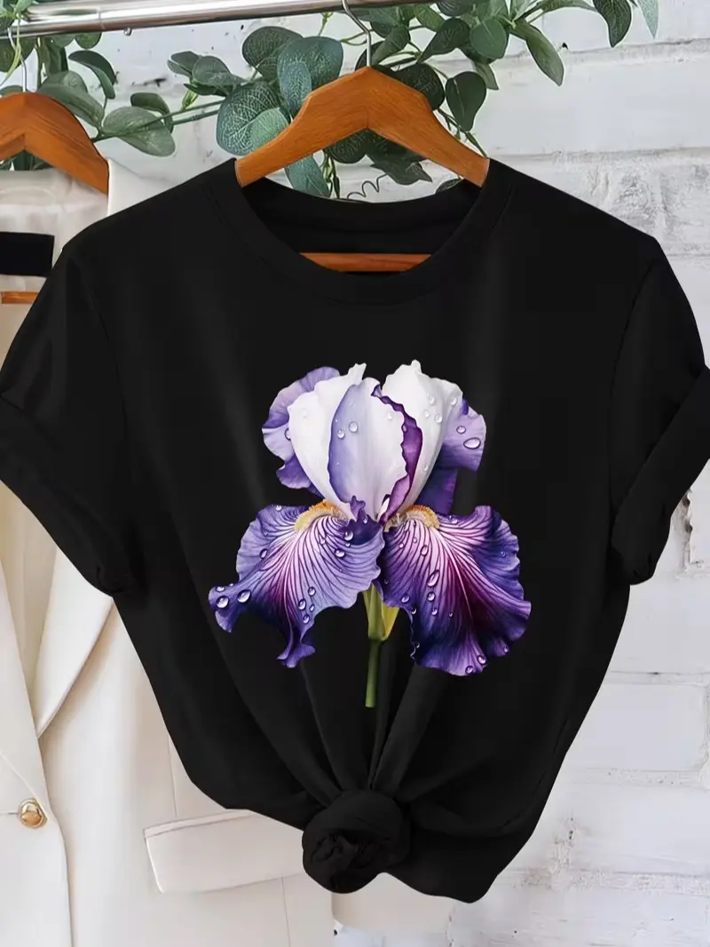 Purple Iris Flower With Water Drops Floral Graphic T-Shirt Botanical Vintage Women Casual Short Sleeve Tee