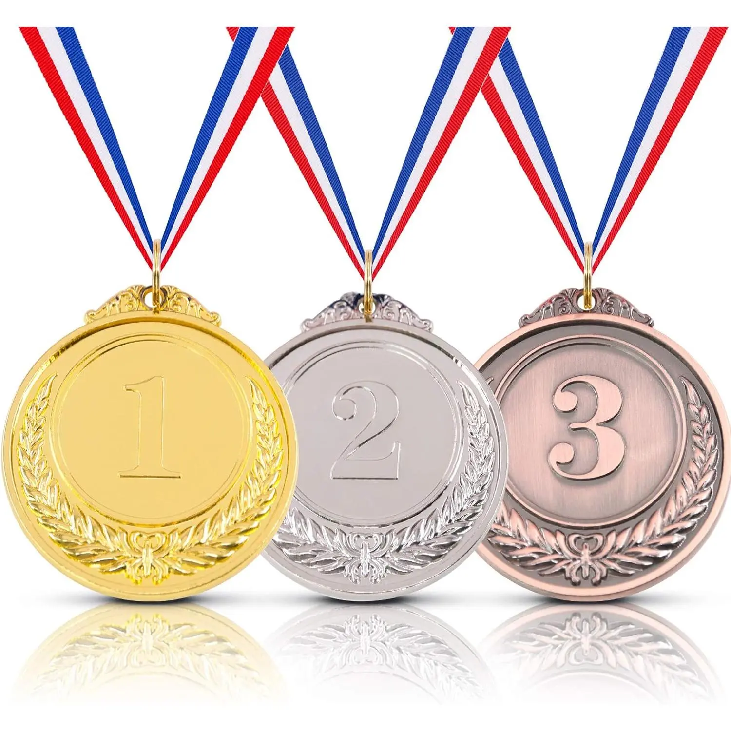 3-Piece Award Medals Set - Olympic Style Gold, Silver, and Bronze Trophy Awards with Ribbons for Kids' School Sports & Celebration Souvenirs, Trophy Award