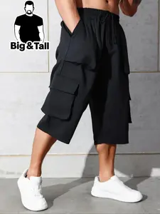 Men's Plus Size Plain Flap Pocket Drawstring Waist Capri Pants, Regular Fit Casual Comfy Cargo Trousers for Daily Outdoor Wear, Men's Plus Size Bottoms for All Seasons, Menswear,  Loose Fit Casual Streetwear Pants, Casual Fashionable Pocket