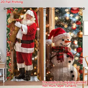 2D flat, 2-piece set, Santa and snowman print curtains - Christmas merry theme home decoration, suitable for bedroom office kitchen living room study home decoration, pole design, Christmas decoration, red holiday atmosphere embellishment.