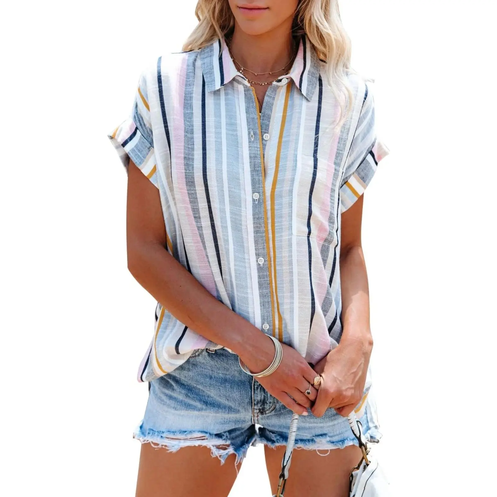 TANKANEO Women's Striped or Solid Business Casual Blouse, Cute Short Sleeve Collared V-Neck Button Down Top for Work, Shortsleeve