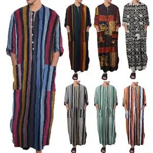 Breathable Men's Summer Set New Spring And Summer Long-sleeved One-piece Arabic Men's Striped Print Men's Robe