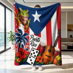 Puerto Rico Flag Ethnic Throw Flannel Blanket - Boricua Pride Fleece Blanket with Coqui Frog, Domino, Guitar, Palm Tree, Hibiscus - Soft, Cozy Gift for Puerto Ricans (Birthday, Christmas), Ethnic Throws