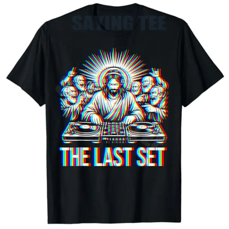 Jesus Last Set Rave T-Shirt Glitchy DJ EDM Techno Rave Festival Shirts Y2k Rock Punk Graphic Saying Tee Novelty Personality Gift