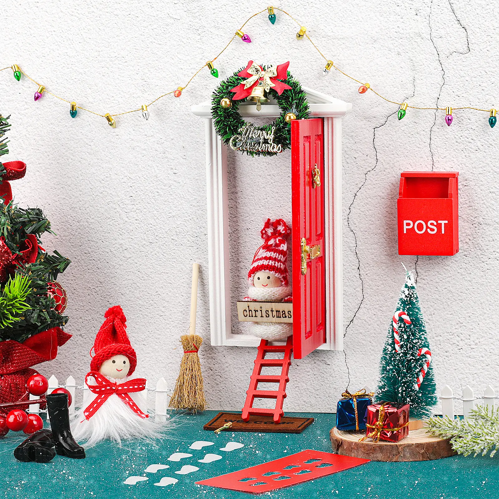 22 Pcs Red Fairy Door Kit - Foam Garden & Dollhouse Miniature Decor with Wooden Fence, Elf Dolls, Key, Mailbox, Christmas Gift Boxes, Broom - DIY Kid Room Ornament to Create Lively Scenes, Ladder Candy Bars