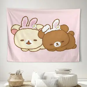 Rilakkuma Large Wall Hanging Tapestry - Cute Cartoon Character with Pink Bunny Ears & White Tails, Peach Light Beige Fabric, Horizontal Orientation for Cafe, Studio, or Lounge Decor - No Electricity Needed, Cafe Wall Art | Playful Design Gi